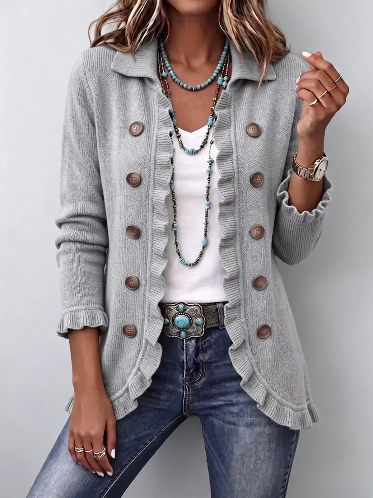 Eloísa | Veste en Maille Grise Marbrée avec Volants