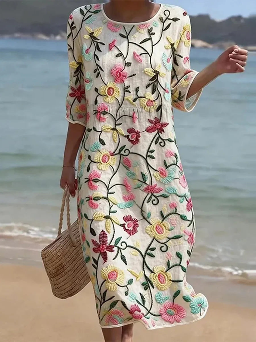 Céline | Robe midi fluide avec broderies