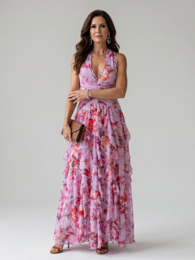 Nori | Robe Maxi Fleurie à Encolure Halter et Corps Froncé