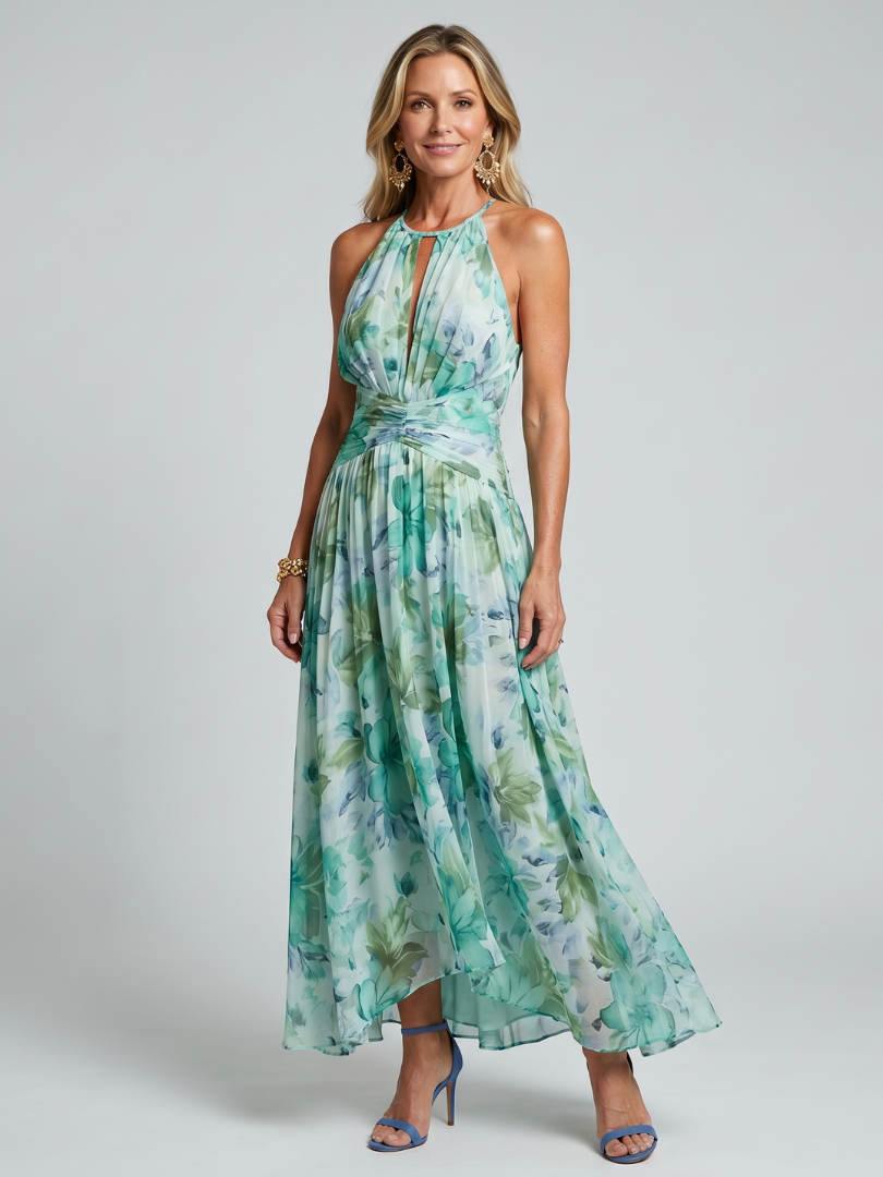 Portia | Robe Maxi à Bretelles Plissées avec Motif Floral Doux