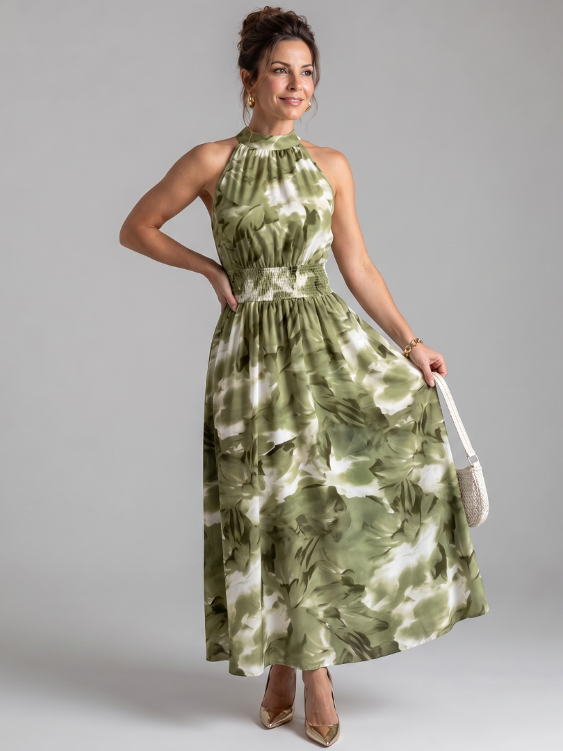 Olivia | Robe Midi Imprimé Abstrait à Taille Froncée