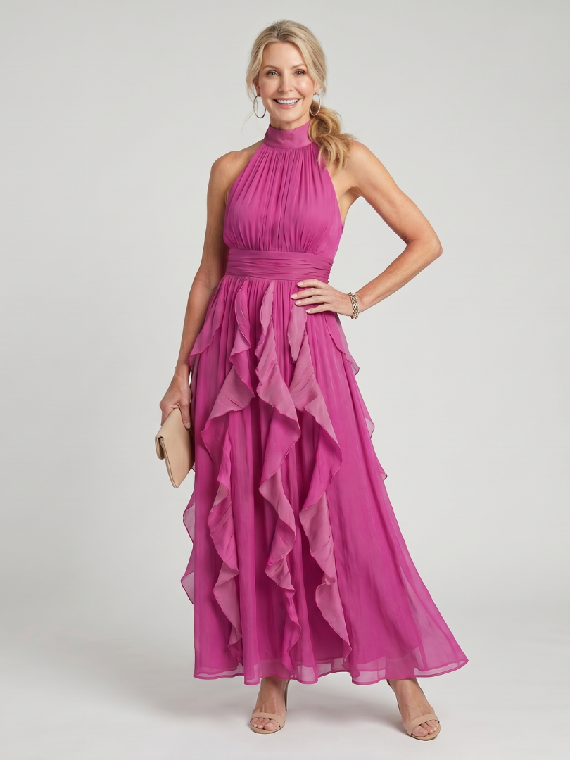 Élodie | Robe Maxi à Col Halter avec Volants