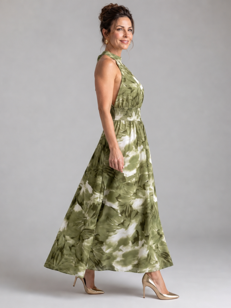 Olivia | Robe Midi Imprimé Abstrait à Taille Froncée