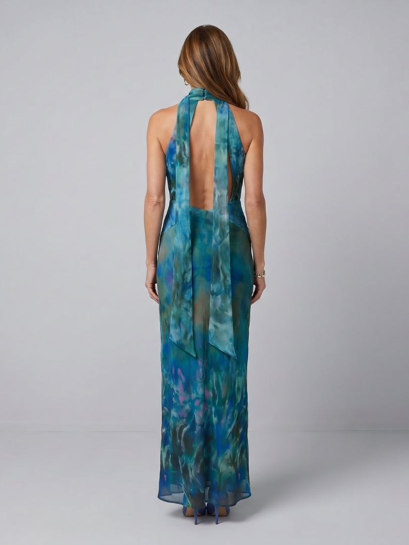 Éloise | Robe Maxi Halter avec Écharpe Transparente