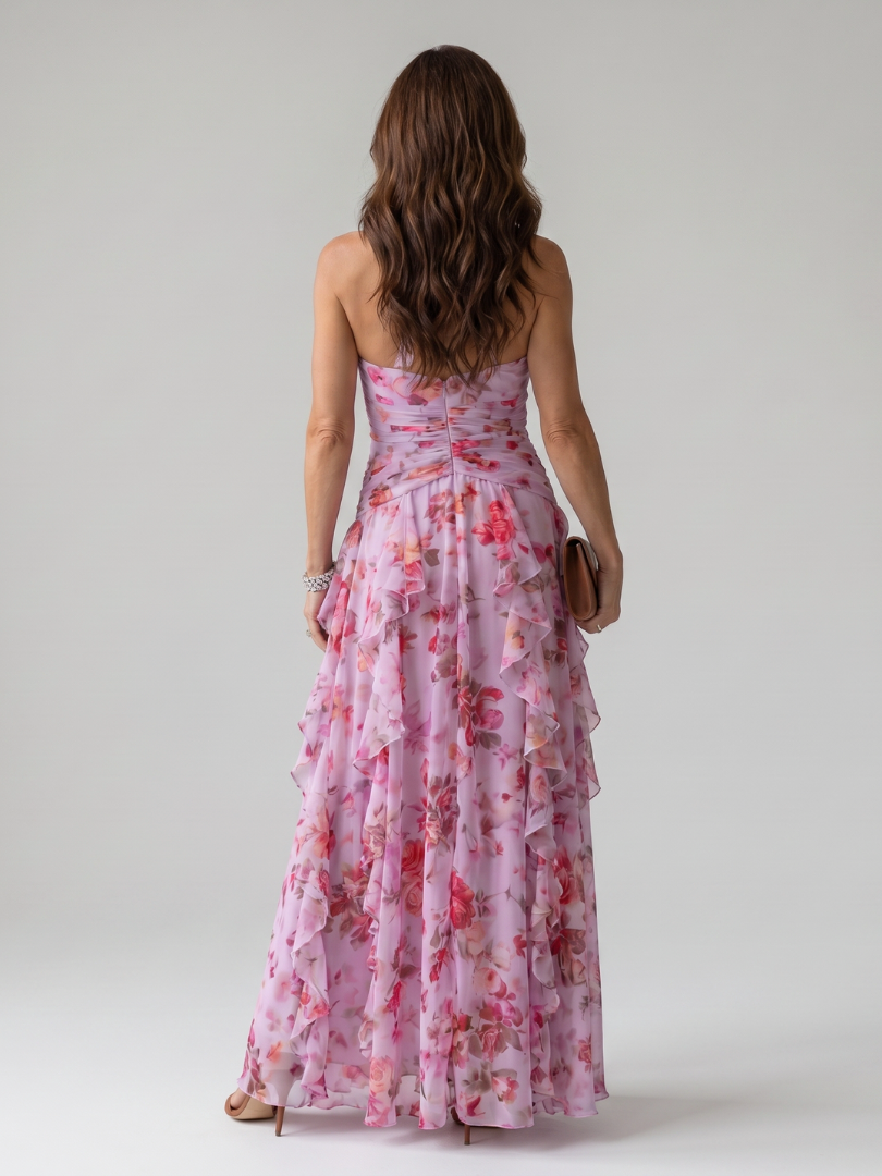 Nori | Robe Maxi Fleurie à Encolure Halter et Corps Froncé