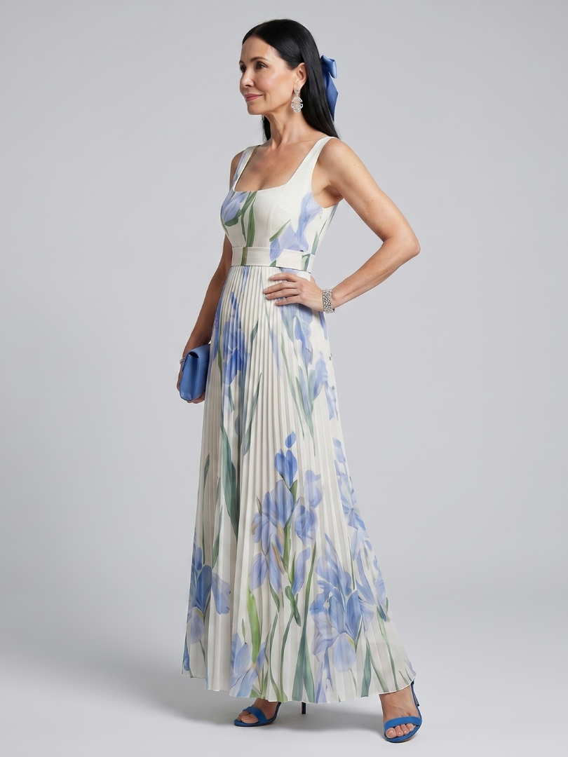 Céleste | Robe midi plissée à encolure carrée