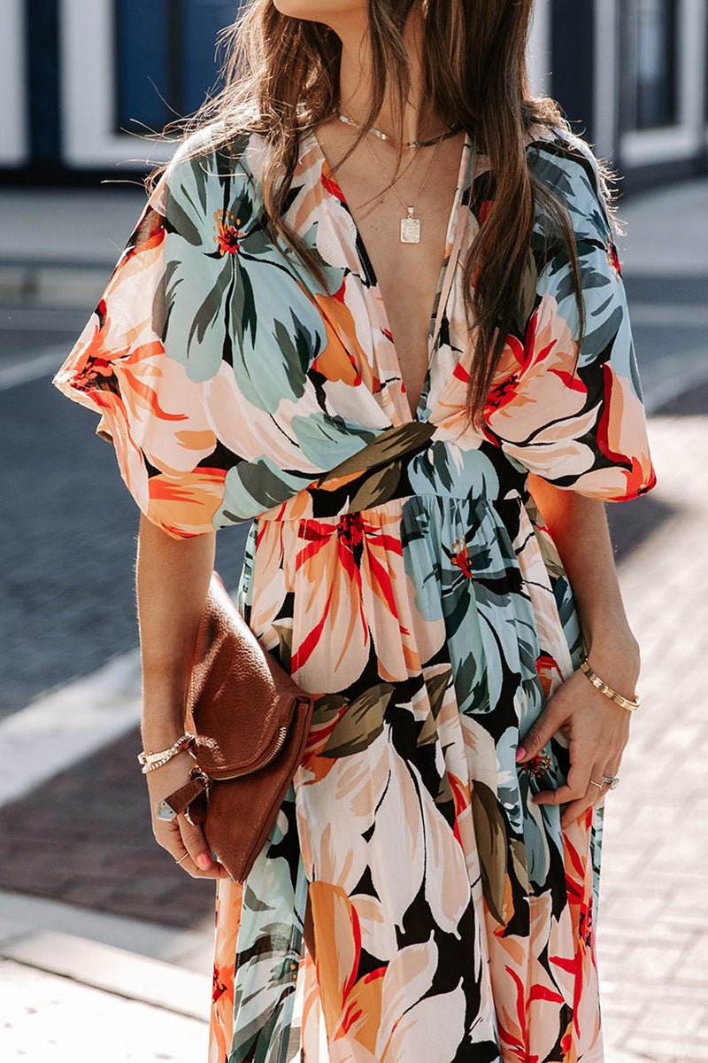 Aylin | Tropische maxi-jurk met V-hals en split