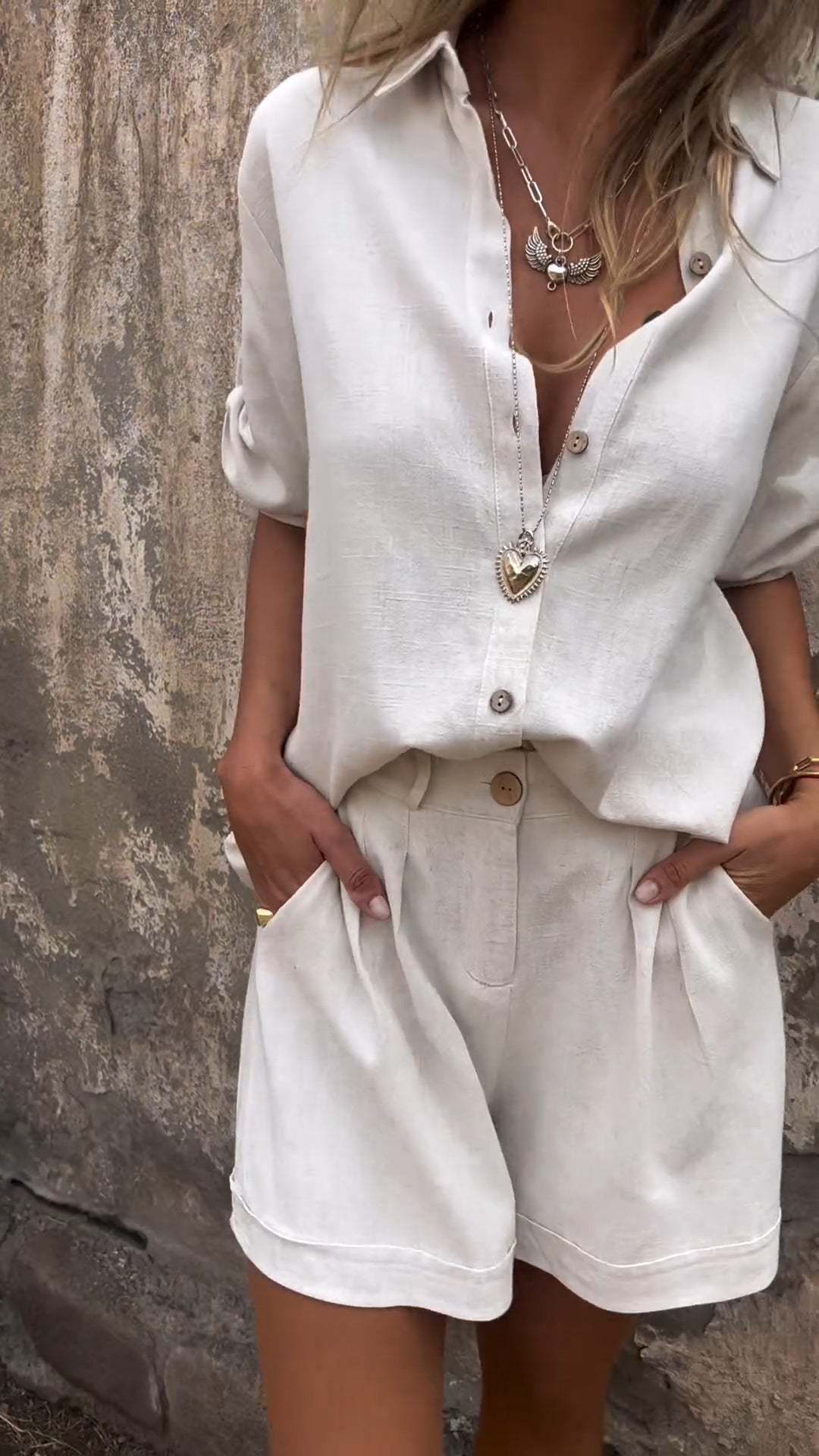Mila | Linnen set met korte broek en los overhemd