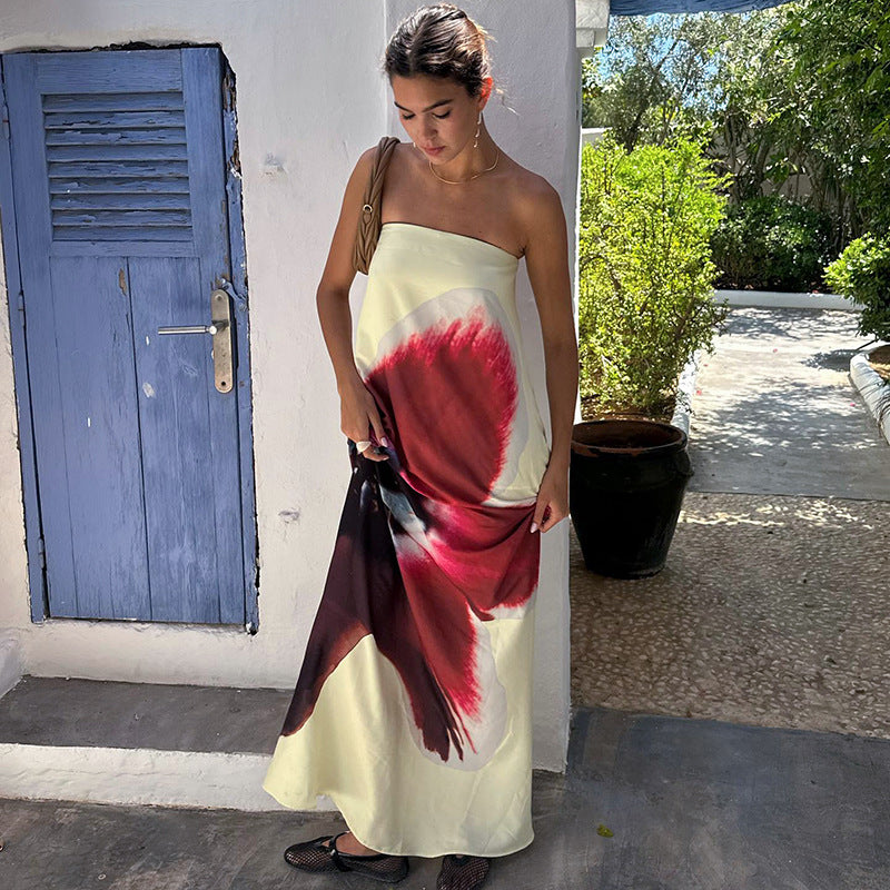 Liora | Strapless maxi-jurk met open rug en bloemprint