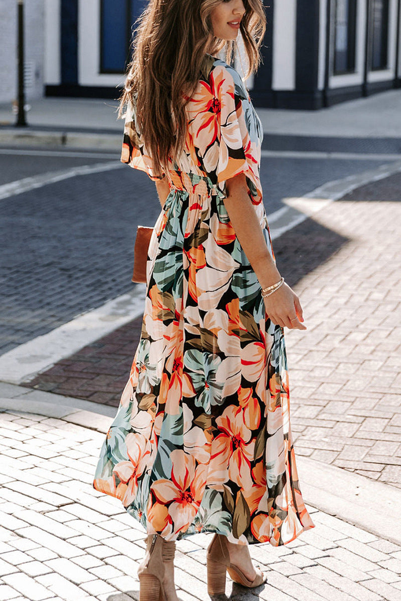 Aylin | Tropische maxi-jurk met V-hals en split