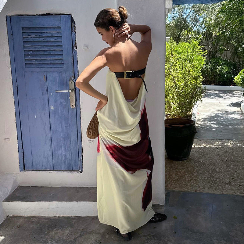 Liora | Strapless maxi-jurk met open rug en bloemprint