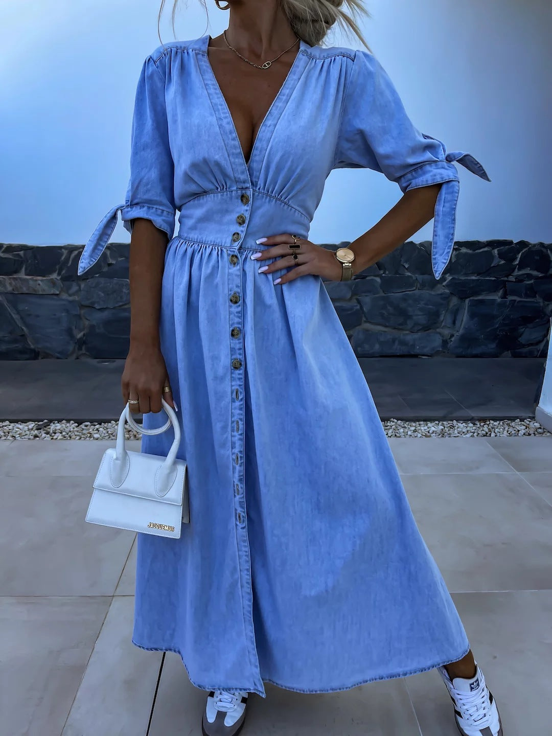 Sarena | Denim look maxi jurk met diepe V-hals