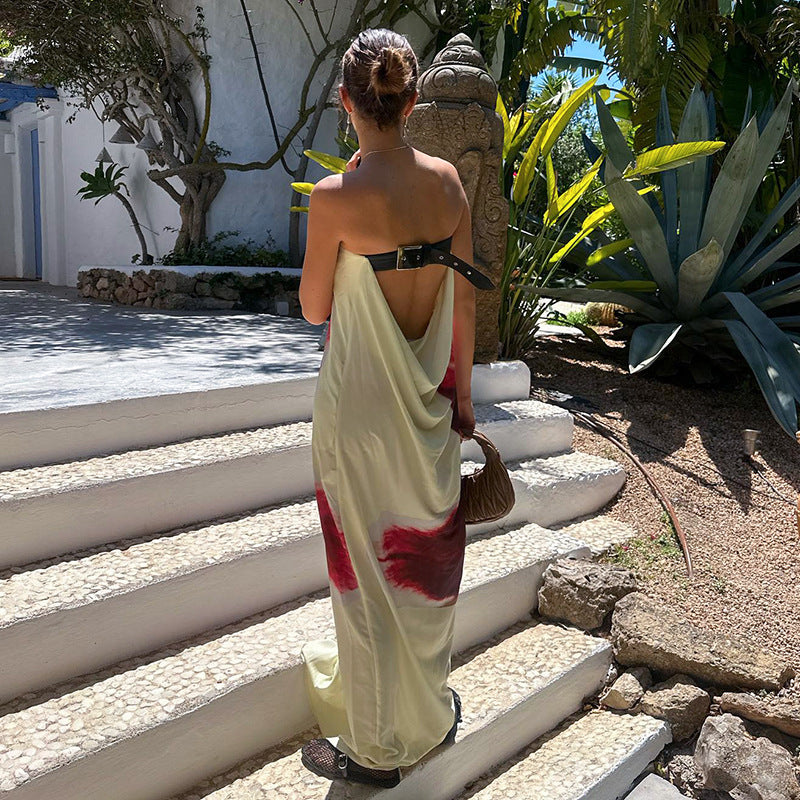 Liora | Strapless maxi-jurk met open rug en bloemprint