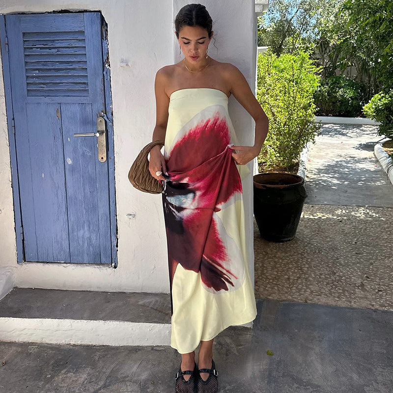 Liora | Strapless maxi-jurk met open rug en bloemprint