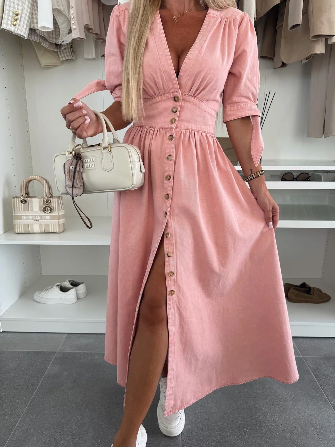Sarena | Denim look maxi jurk met diepe V-hals