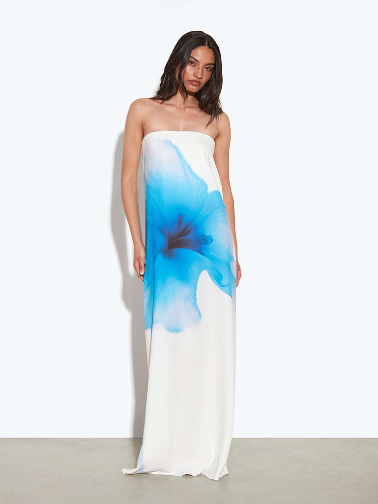 Liora | Strapless maxi-jurk met open rug en bloemprint