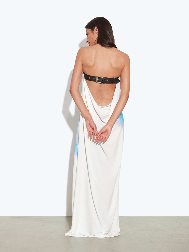 Liora | Strapless maxi-jurk met open rug en bloemprint