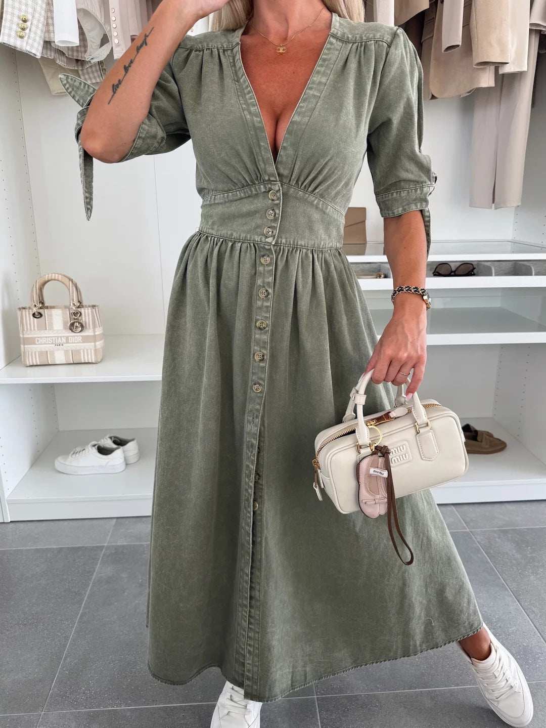 Sarena | Denim look maxi jurk met diepe V-hals