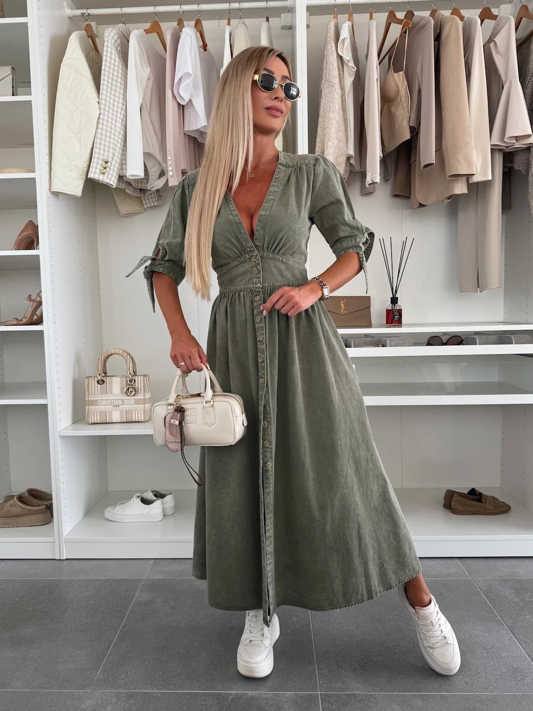Sarena | Denim look maxi jurk met diepe V-hals