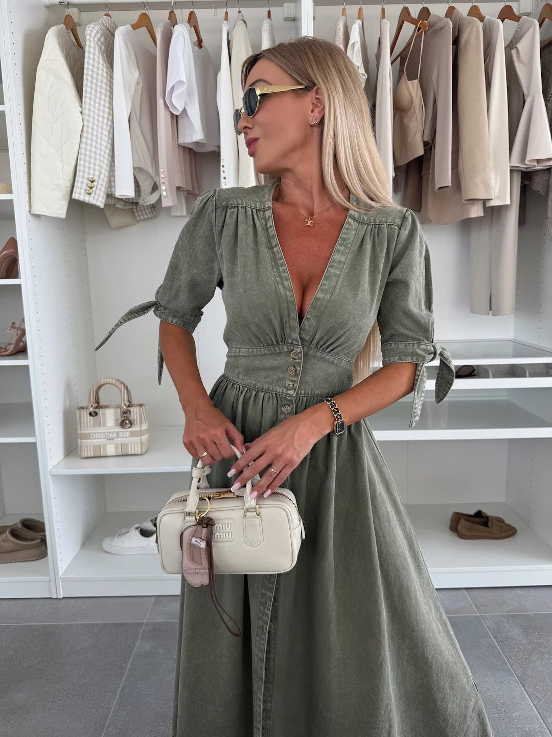 Sarena | Denim look maxi jurk met diepe V-hals