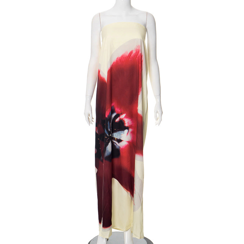 Liora | Strapless maxi-jurk met open rug en bloemprint