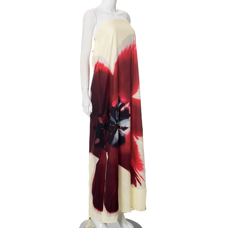 Liora | Strapless maxi-jurk met open rug en bloemprint