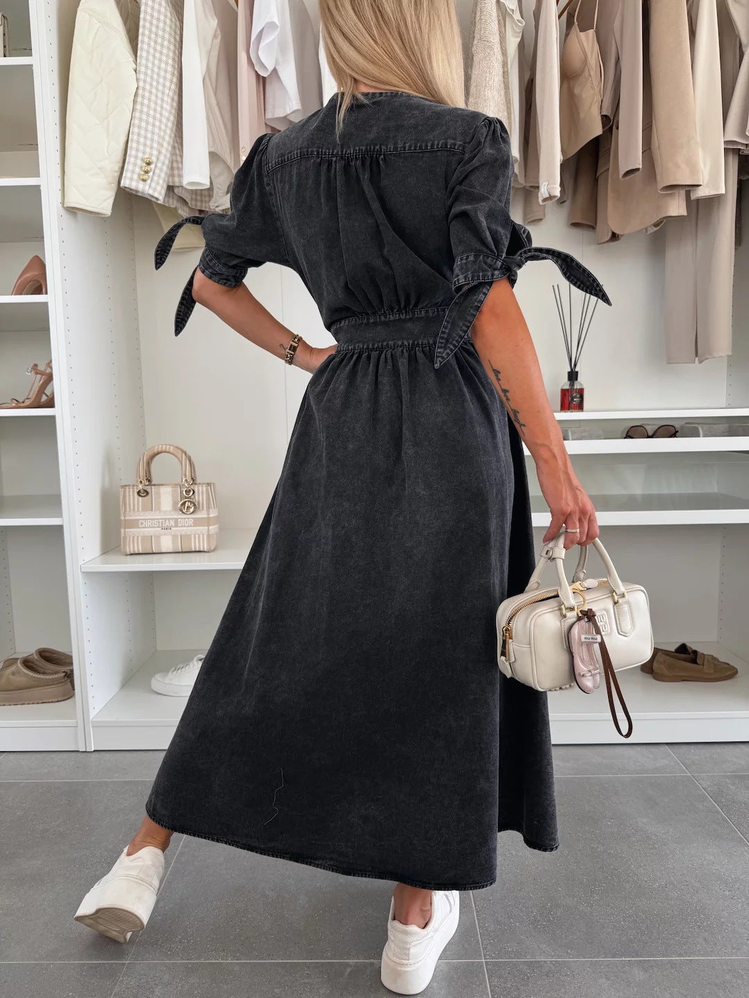 Sarena | Denim look maxi jurk met diepe V-hals