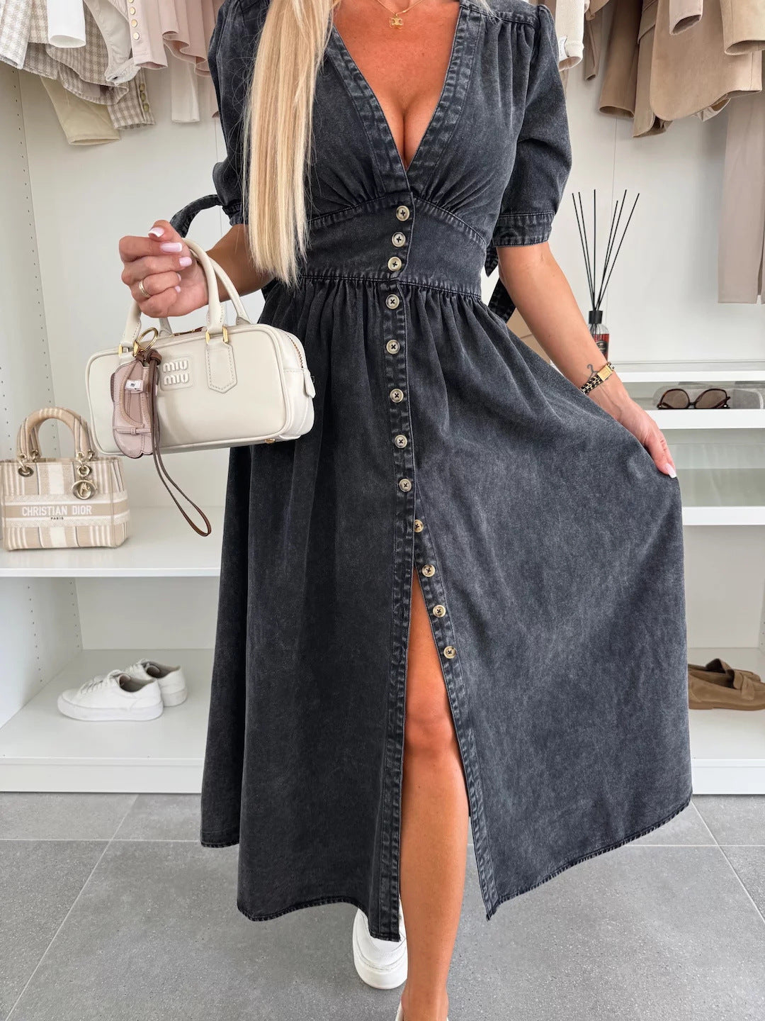 Sarena | Denim look maxi jurk met diepe V-hals