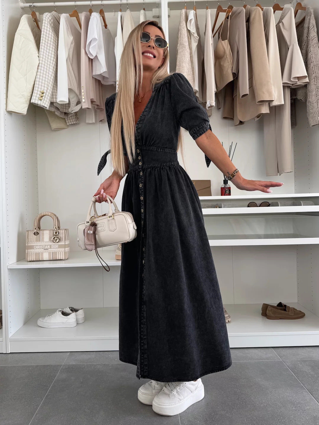 Sarena | Denim look maxi jurk met diepe V-hals