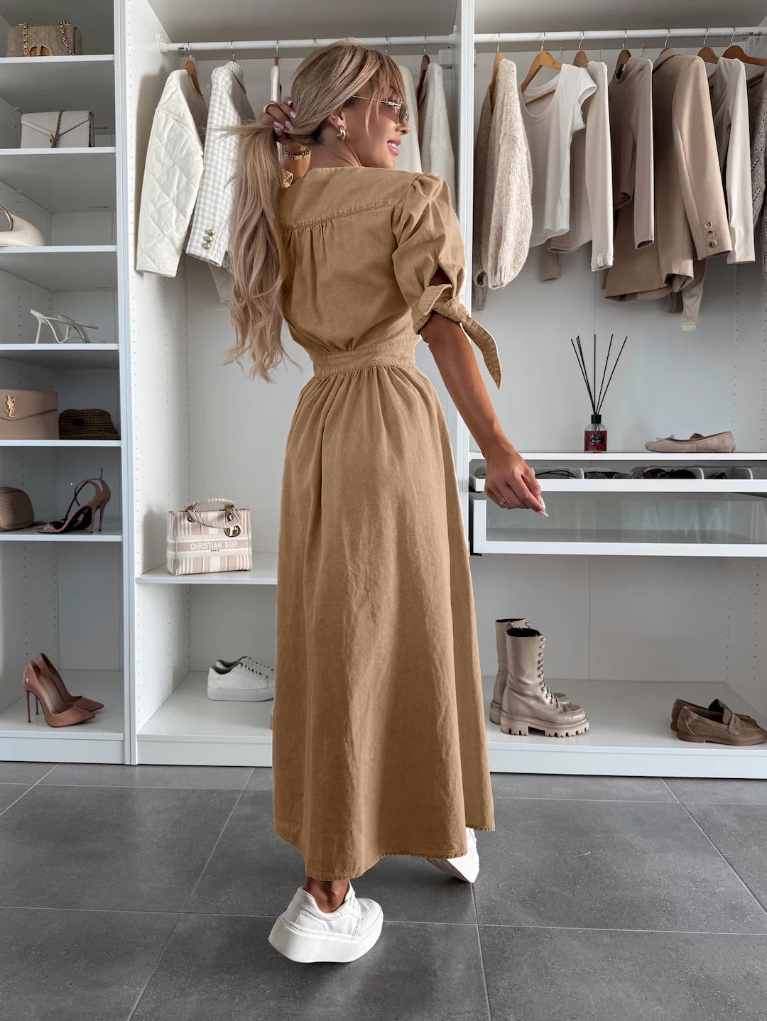 Sarena | Denim look maxi jurk met diepe V-hals