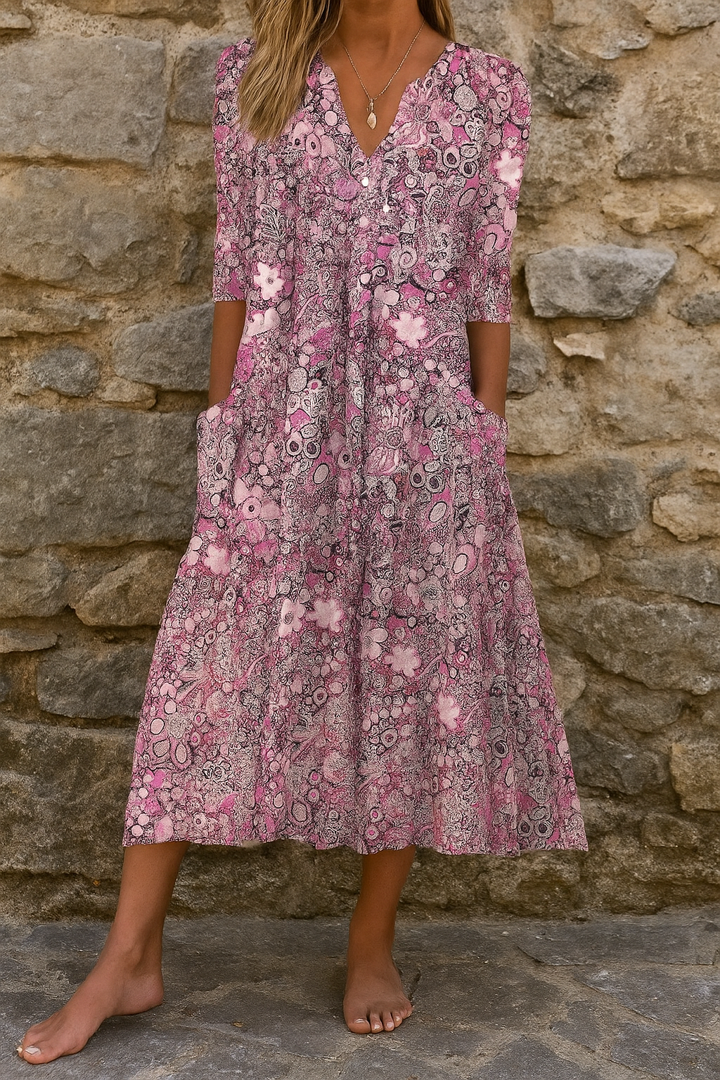 Élise | Robe midi imprimée à col V