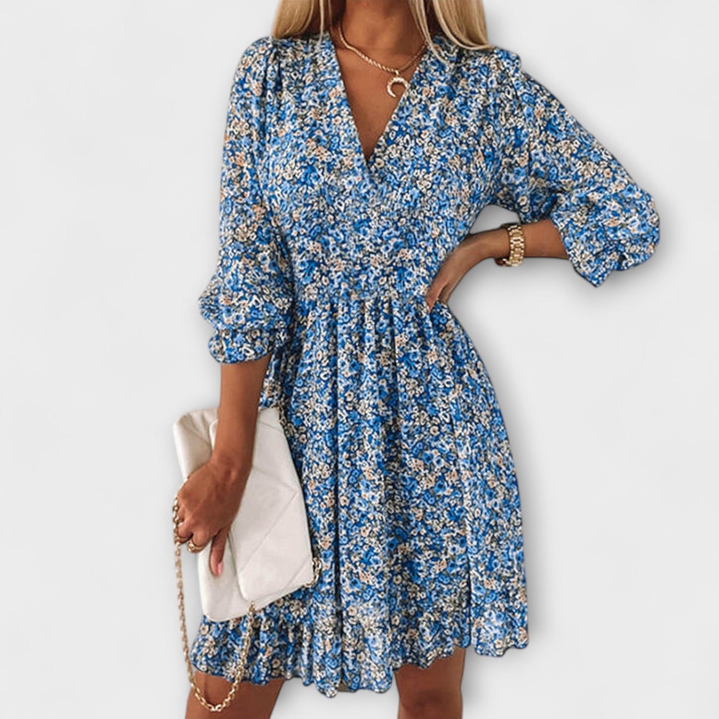 Léonie | Bloemenjurk met V-hals en gerimpelde taille