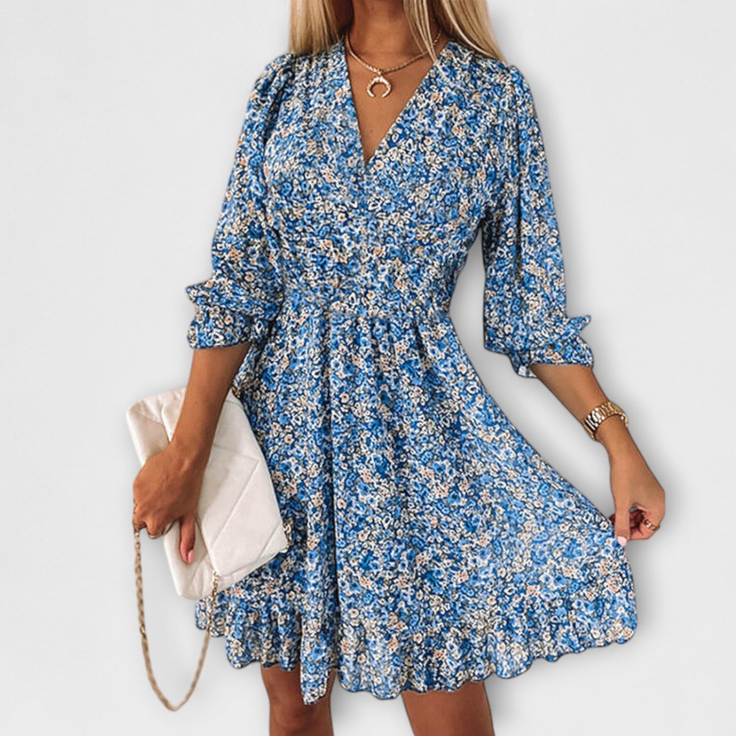 Léonie | Bloemenjurk met V-hals en gerimpelde taille