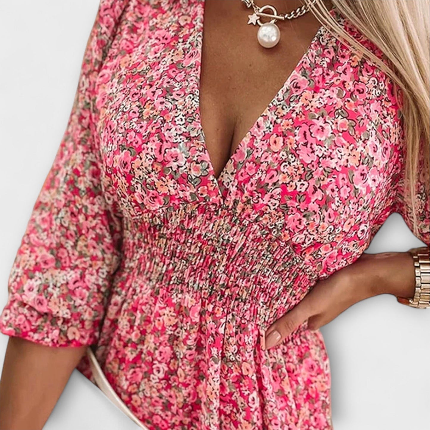 Léonie | Bloemenjurk met V-hals en gerimpelde taille