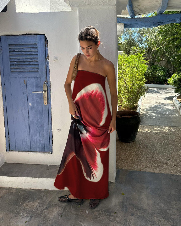 Liora | Strapless maxi-jurk met open rug en bloemprint