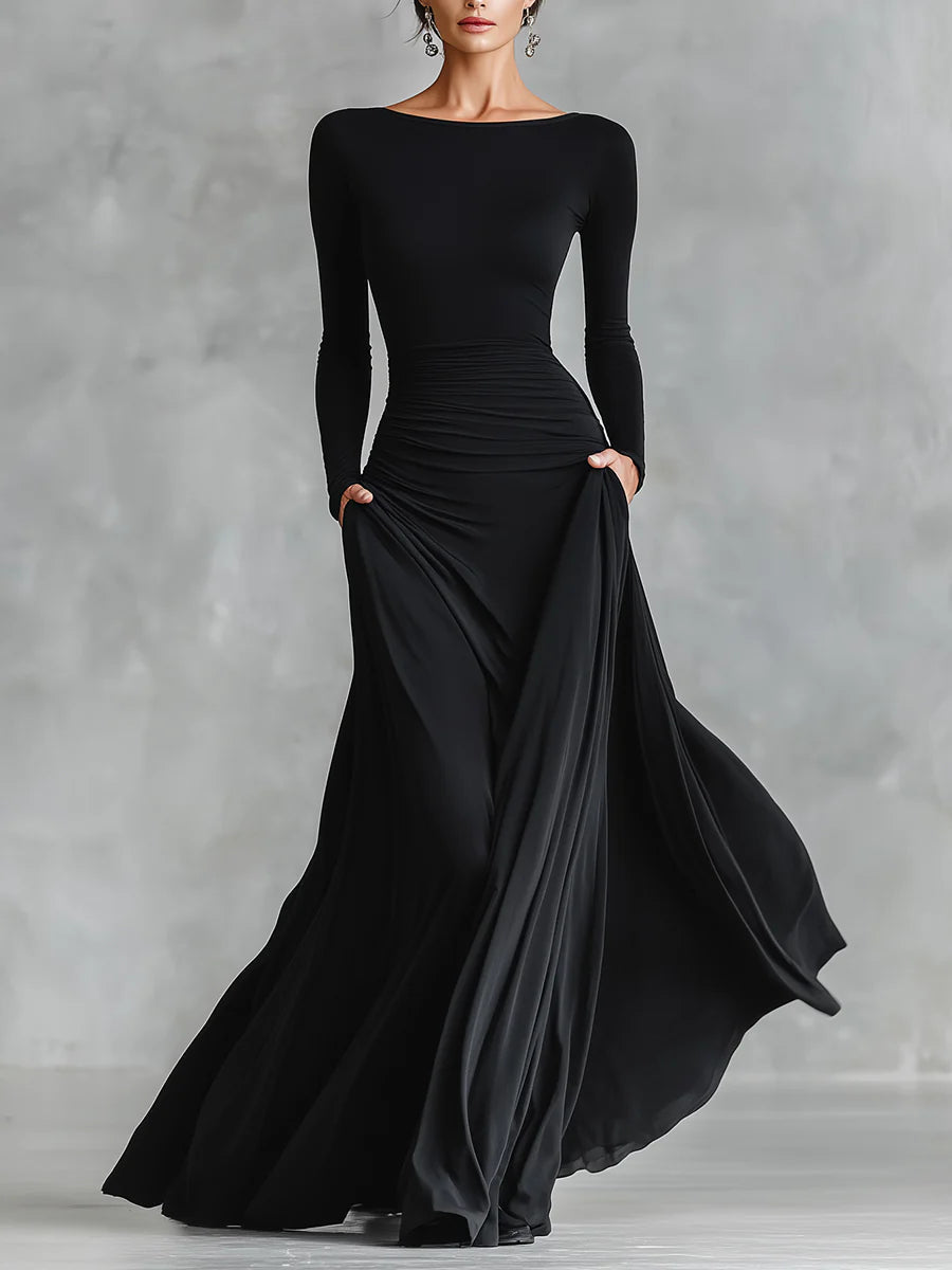 Noémie | Robe maxi noire fluide et élégante