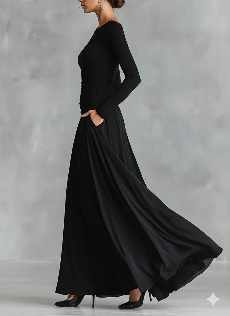 Noémie | Robe maxi noire fluide et élégante