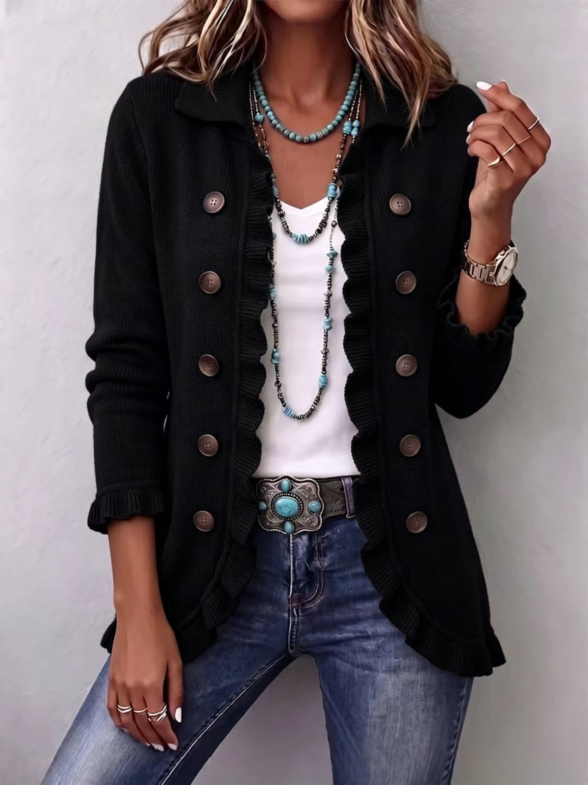 Camila | Veste en Tricot Noir avec Volants
