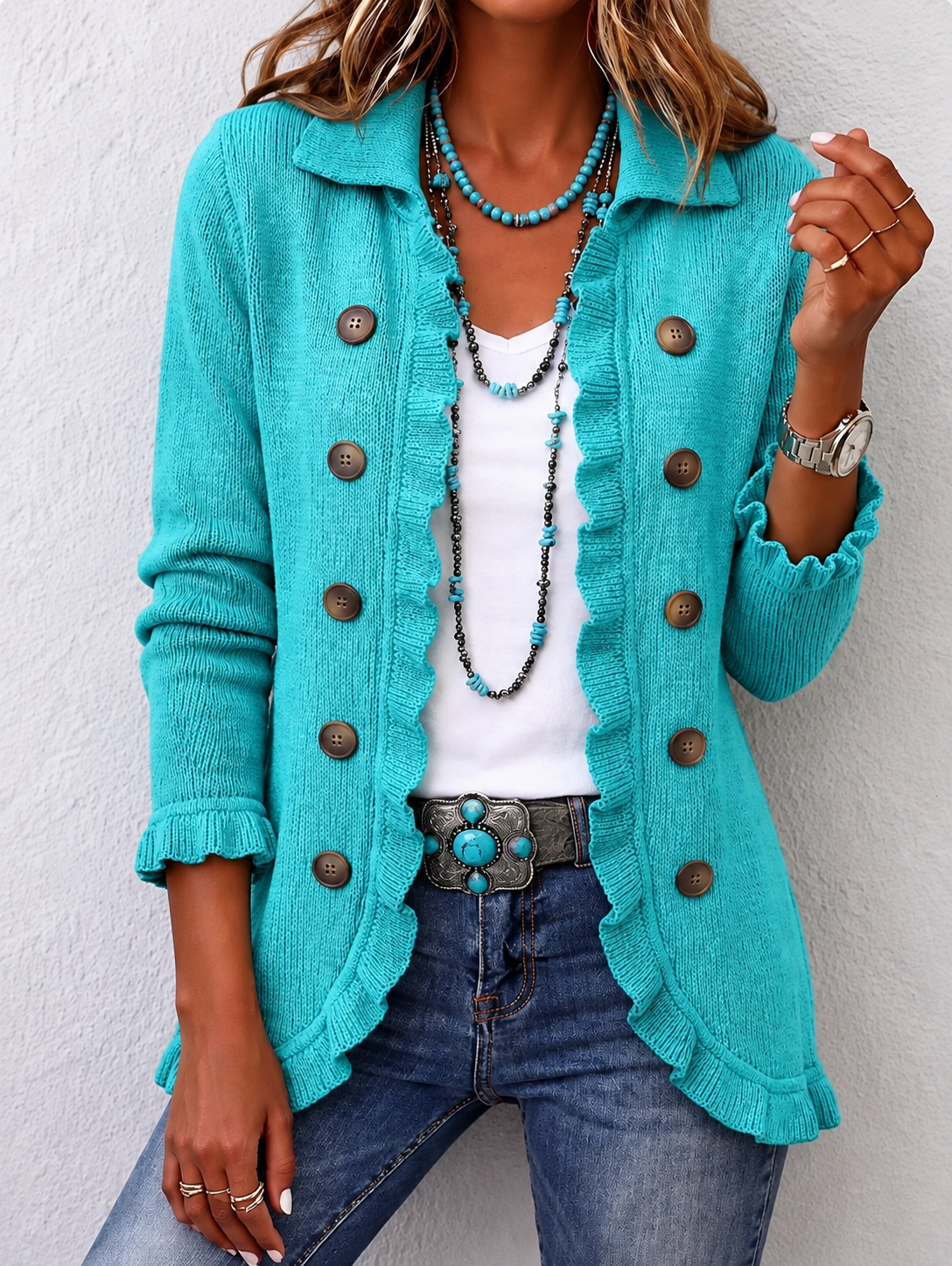 Maribel | Veste en Tricot Turquoise avec Volants