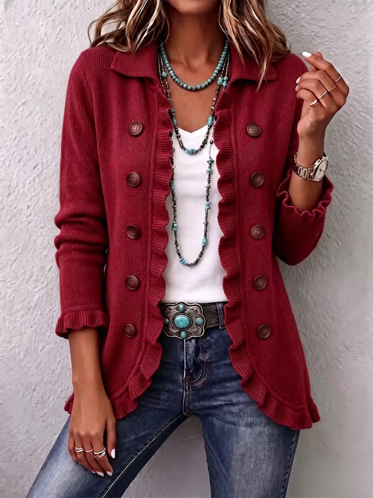 Rosalía | Veste en Maille Rouge Rubis avec Volants