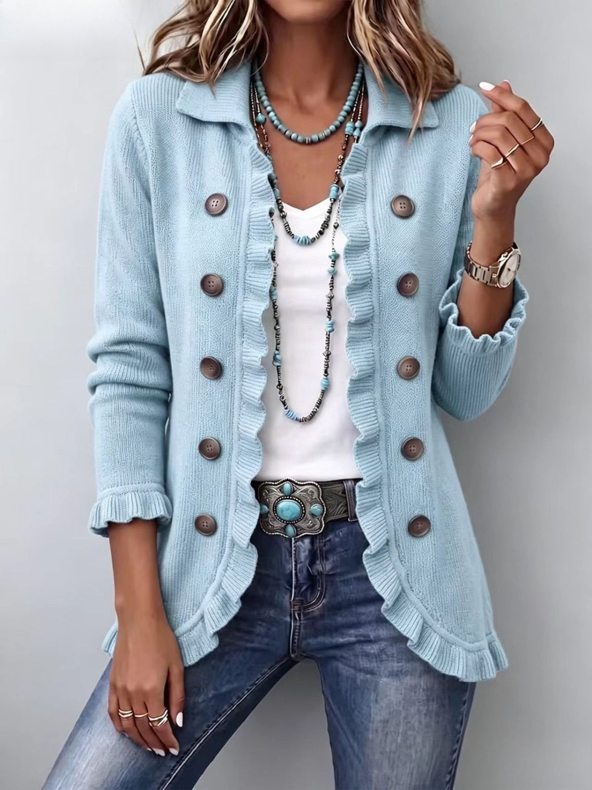 Cecilia | Veste en Maille Bleu Poudré avec Volants