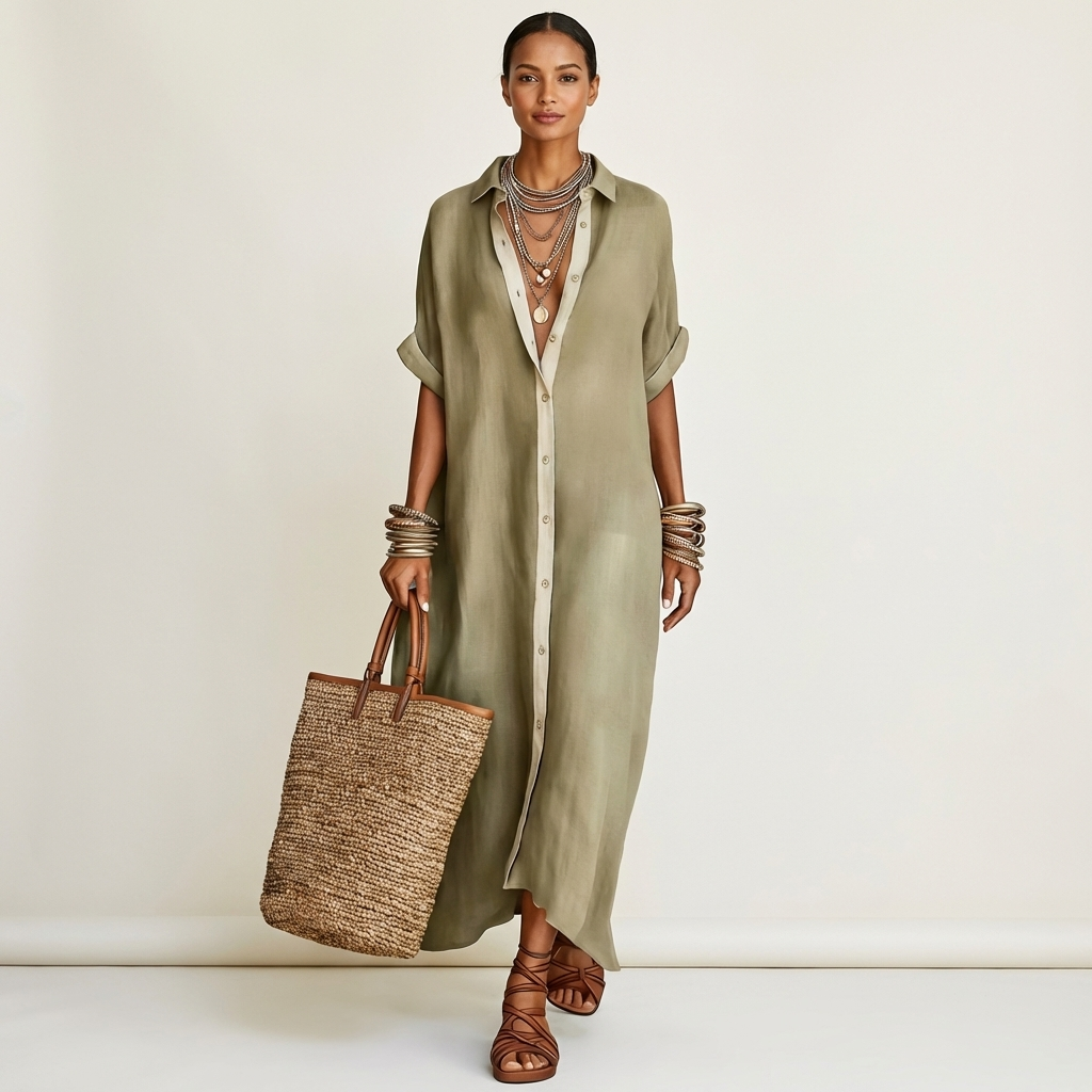 Kamira | Robe Chemise Maxi à Manches Courtes avec Col Contrasté et Boutonnage Frontal