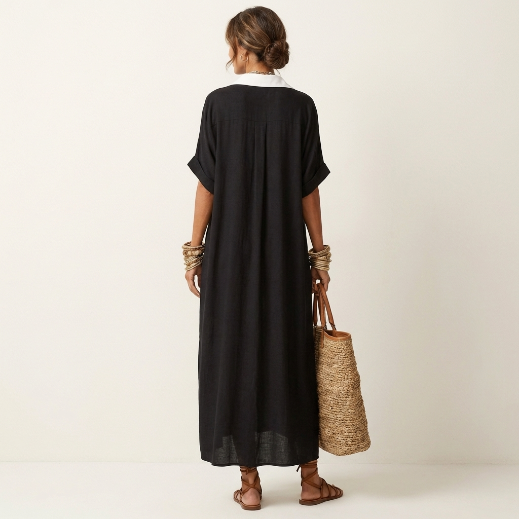 Kamira | Robe Chemise Maxi à Manches Courtes avec Col Contrasté et Boutonnage Frontal