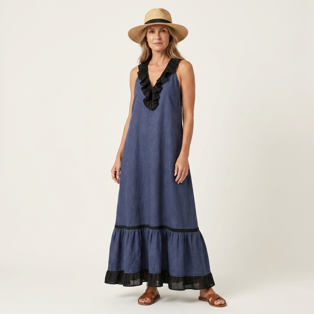 Mayline | Robe maxi sans manches avec col à volants et bordure contrastée