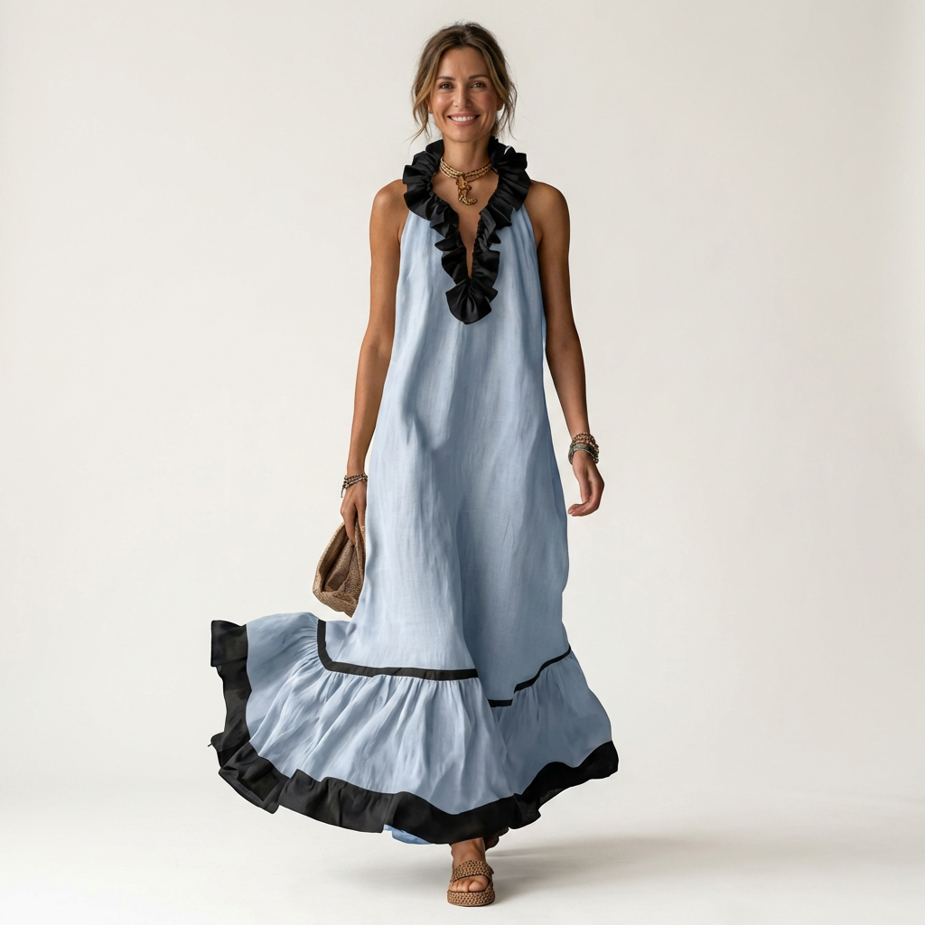 Mayline | Robe maxi sans manches avec col à volants et bordure contrastée