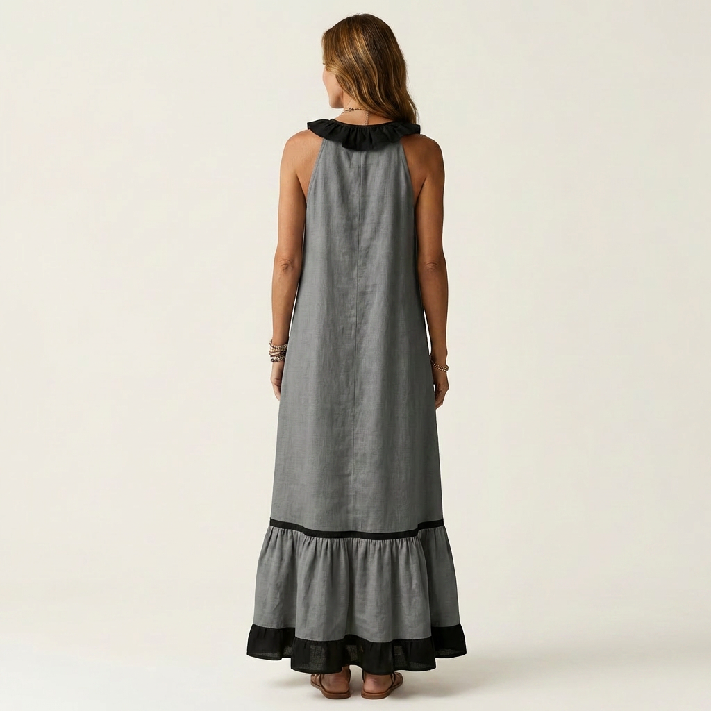 Mayline | Robe maxi sans manches avec col à volants et bordure contrastée