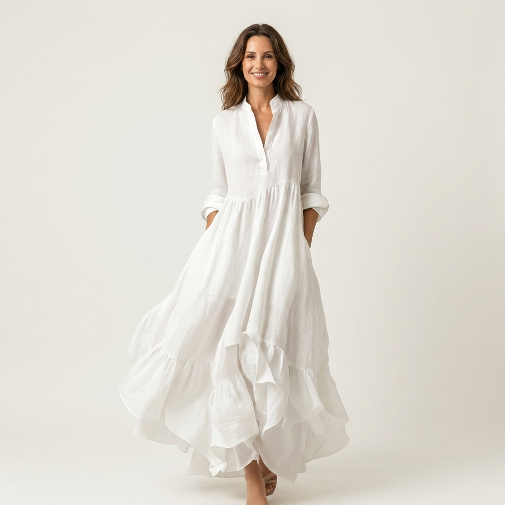 Jilana | Robe Maxi à Col Montant, Boutonnée, avec Ourlet Volant