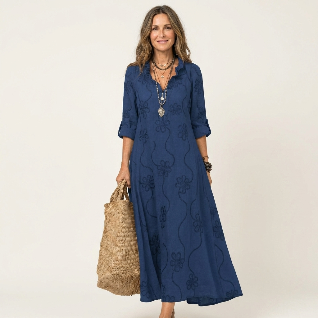 Mariam | Robe Maxi en Coton-Lin avec Broderie Florale Ton sur Ton