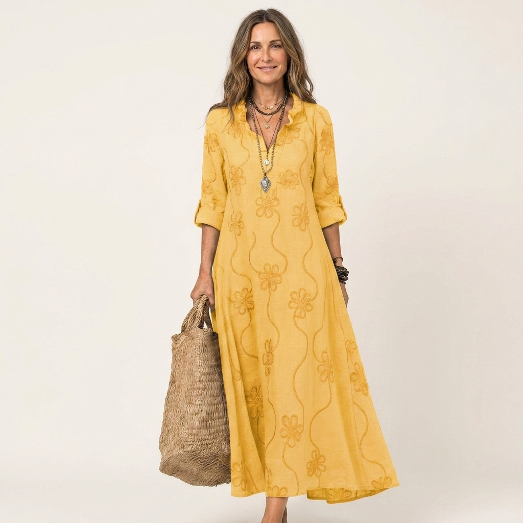Mariam | Robe Maxi en Coton-Lin avec Broderie Florale Ton sur Ton