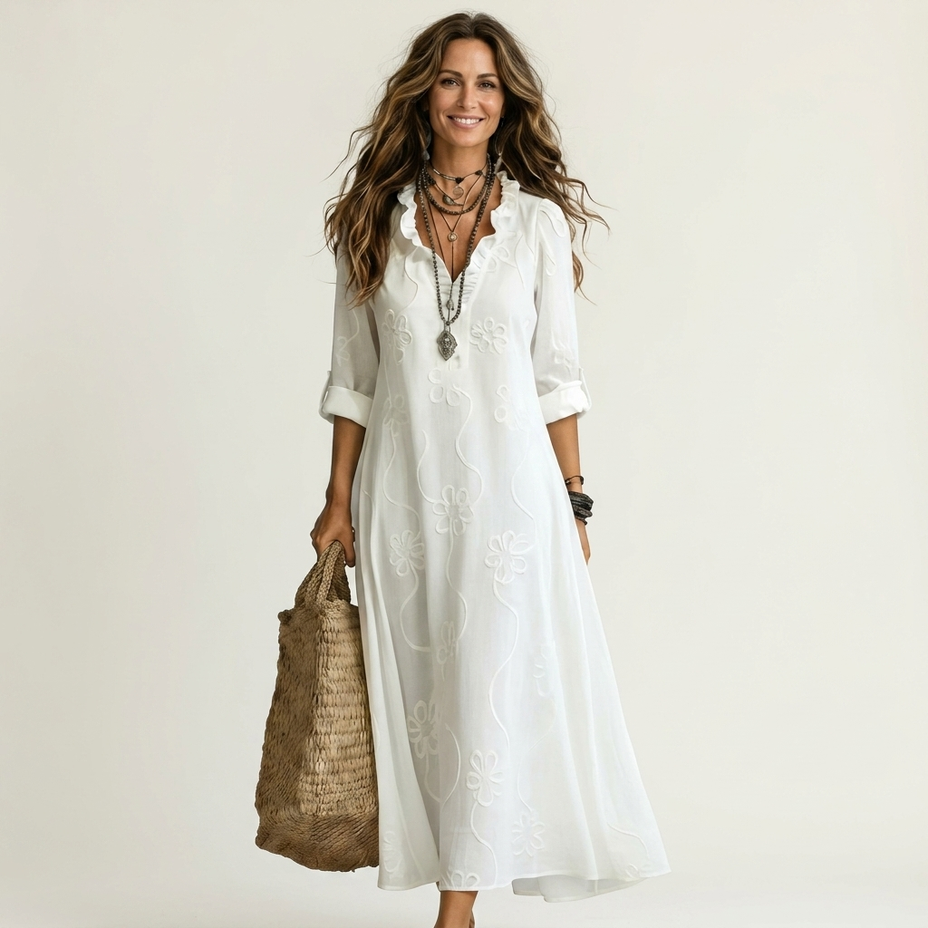 Mariam | Robe Maxi en Coton-Lin avec Broderie Florale Ton sur Ton